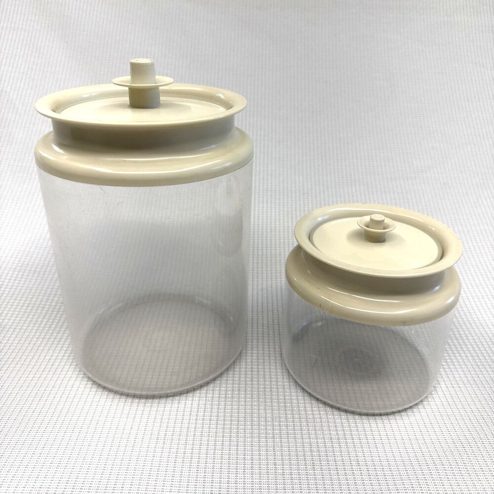 Vintage Tupperware Canisters 10 c (1483) + 3-3/4 c (1479) Push Button Ivory Lid